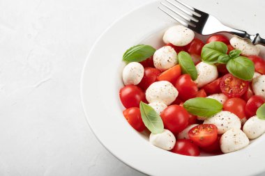Kopya alanı ile gri arka plan üzerinde beyaz tabak klasik lezzetli caprese salatası olgun domates, mozzarella ve taze fesleğen ile bırakır. İtalyan yemeği. Sağlıklı Vejetaryen beslenme kavramı.