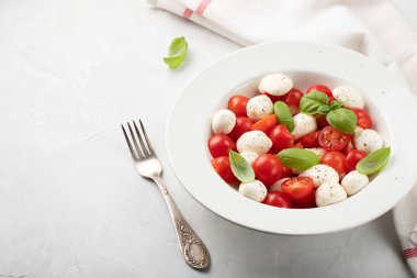 Kopya alanı ile gri arka plan üzerinde beyaz tabak klasik lezzetli caprese salatası olgun domates, mozzarella ve taze fesleğen ile bırakır. İtalyan yemeği. Sağlıklı Vejetaryen beslenme kavramı.