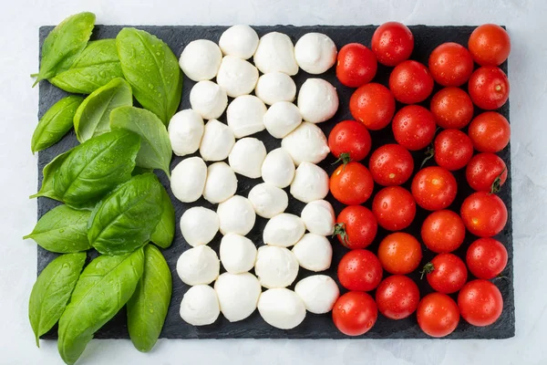 Italian flag made with Tomato Mozzarella and Basil. The concept of Italian cuisine. Top view. Flat lay.