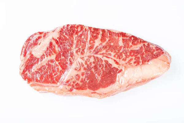 Bistecca Manzo Cruda Striploin Isolata Contro Bianco Vista Dall Alto — Foto Stock