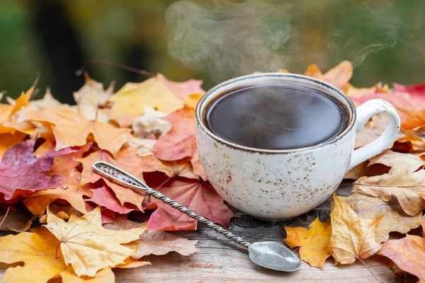 Осень Осенние Листья Горячая Чашка Кофе Фоне Деревянного Стола Морской — стоковое фото