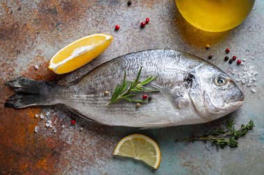 Baharat ve mavi bir paslı masaya zeytin yağı ile taze çiğ Dorado balık. Üstten görünüm. Düz yatıyordu.