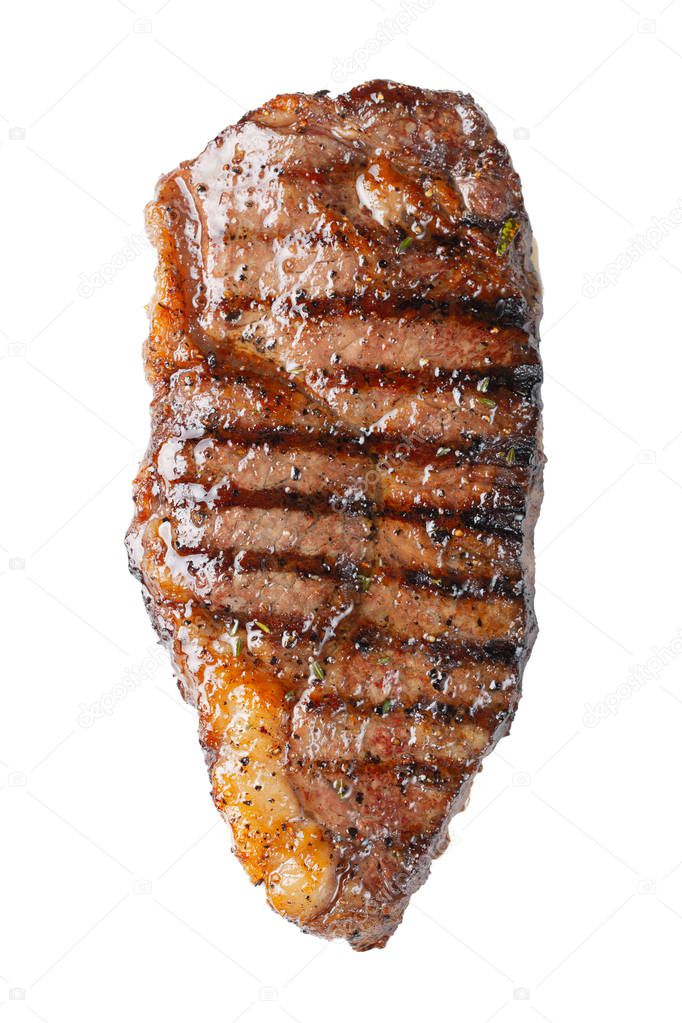 grilled marbled beef steak striploin isolated on white background, top view. Isolated.