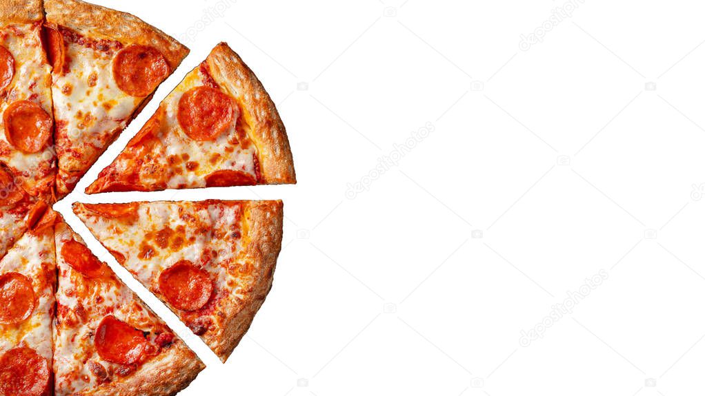 Tasty pepperoni pizza. Top view of hot pepperoni pizza. Flat lay. Isolated on white background.