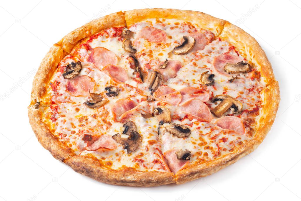 Fresh delicious pizza with ham and mushrooms isolated on white background.