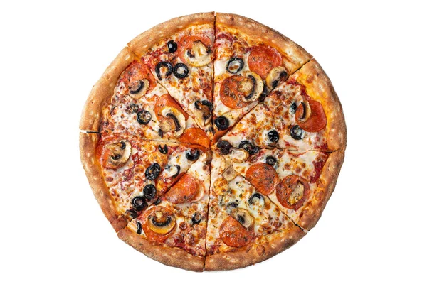 Izolované Chutné Feferonkami Pizza Žampiony Olivy Pohled Shora Horké Pepperoni — Stock fotografie