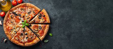 Tasty pepperoni pizza with mushrooms and olives. clipart