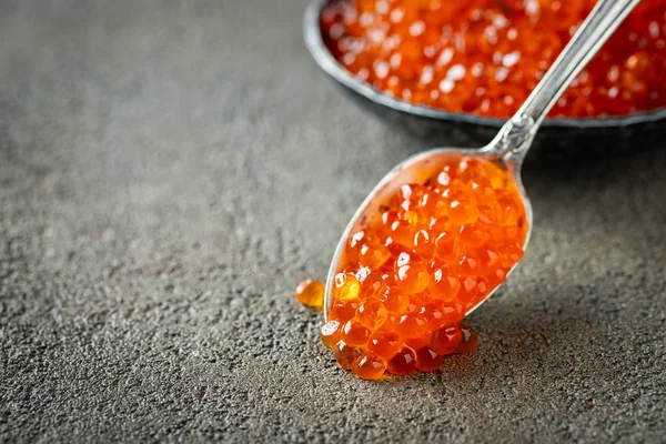 Close-up delicious red caviar in a spoon on a dark concrete background. With copy space — Stock Photo, Image