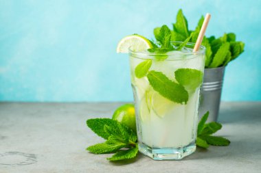 Ev yapımı limonata ya da mojito kokteyli, kireç, nane ve buz küpleriyle ahşap bir kırsal masada. Taze yaz içkisi. kopyalama alanı ile