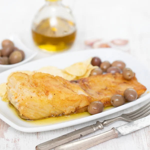 Bacalao Frito Con Aceite Oliva Plato — Foto de Stock