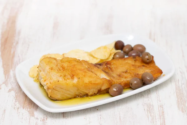 Bacalao Frito Con Aceite Oliva Plato — Foto de Stock