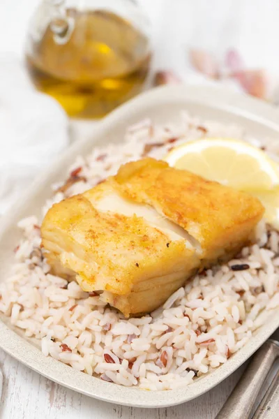 Bacalao Frito Con Arroz Plato — Foto de Stock