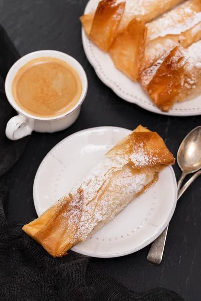 portuguese sweet dessert with cup of coffee