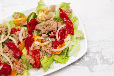 Ton balıklı salata beyaz çanak üzerinde