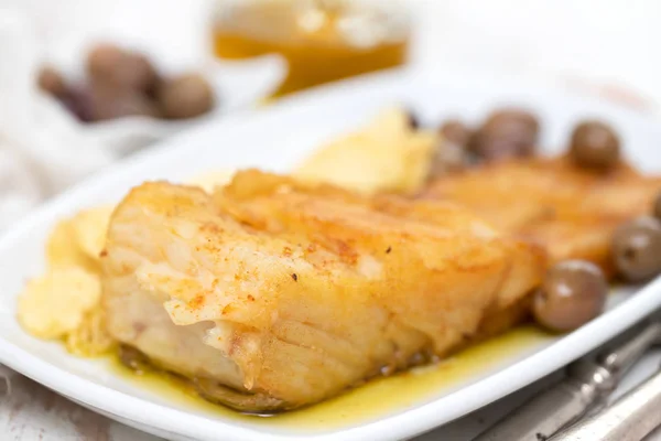 Bacalao Frito Con Aceite Oliva Plato — Foto de Stock