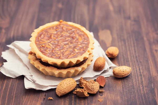 Portuguese Almond Tart Brown Wooden Background — Stock Photo, Image