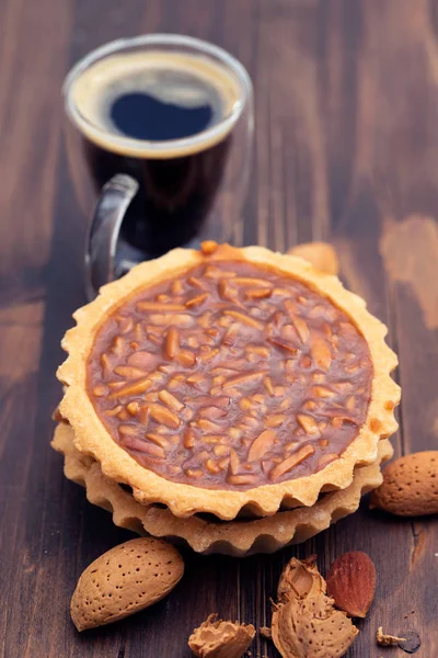 Portuguese Almond Tart Brown Wooden Background — Stock Photo, Image