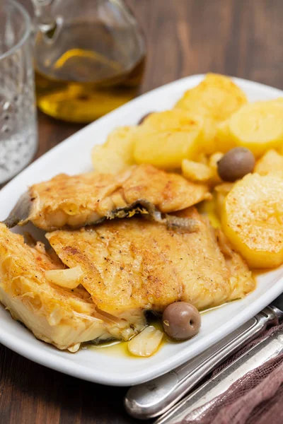 Cod Fish Fried Potato White Dish — Stock Photo, Image