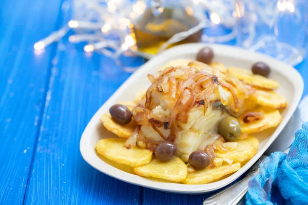 Bacalhau Frito Com Cebola Batata Prato — Fotografia de Stock