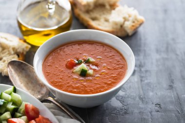 cermic backg beyaz kase tipik İspanyol soğuk spup gazpacho