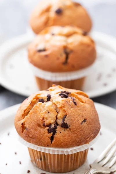 Muffiny s čokoládou na bílé misce na keramickém pozadí — Stock fotografie