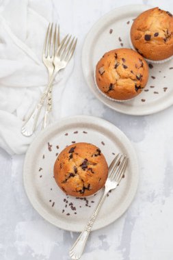 seramik arka plan üzerinde beyaz çanak üzerinde çikolata ile kekler