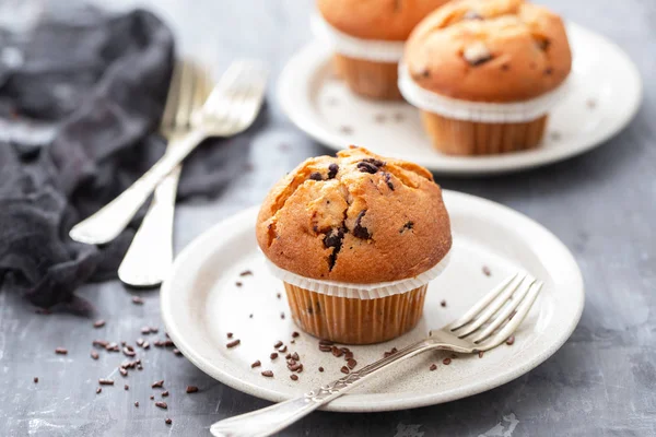 Muffiny s čokoládou na bílé misce na keramickém pozadí — Stock fotografie