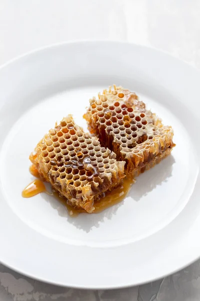 Honeycomb on white plate on ceramic background — Stock Photo, Image