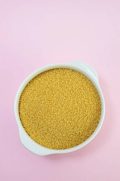 Couscous White Bowl Pink Paper Background — Stock Photo, Image