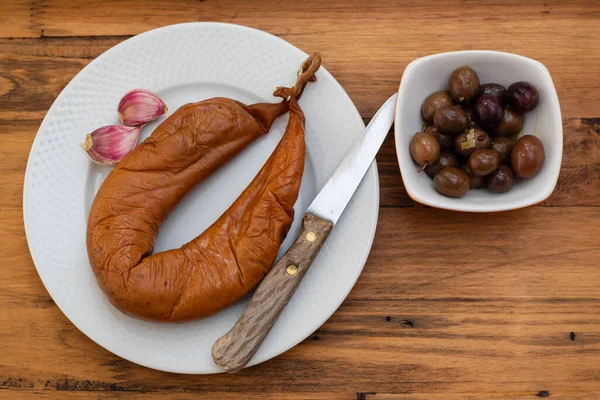 Typical Portuguese Sausage Farinheira Bread White Plate — Stock Photo, Image