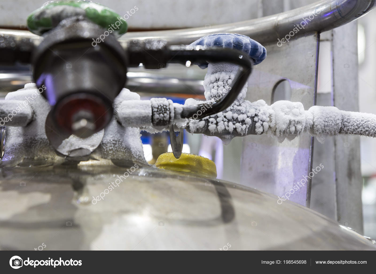 Ice Valve Pipe Liquid Nitrogen Tank Selective Focus Stock Photo by