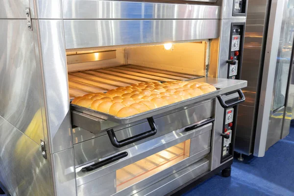 Row of fresh  baking bread from the oven  ; industrial food and drink background