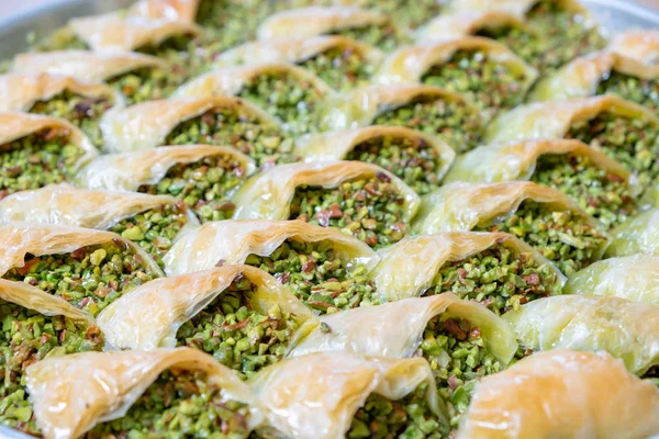 Delicious Turkish sweet, baklava with green pistachio nuts