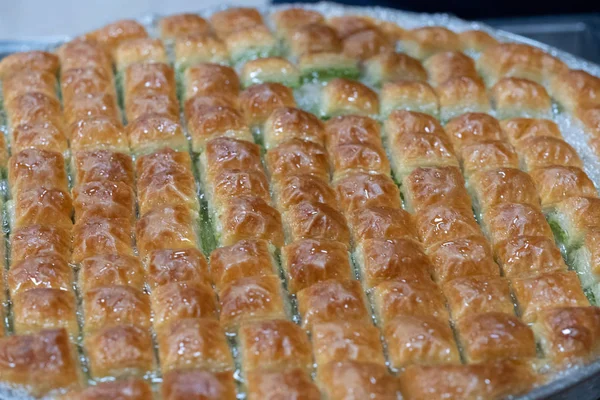 Delicious Turkish sweet, baklava with green pistachio nuts