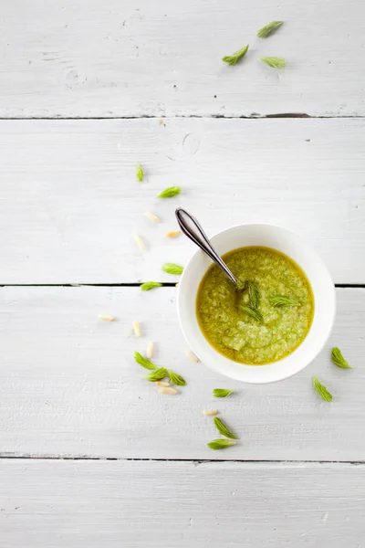 Homemade Pesto Spruce Sprouts Parmesan Pine Nuts Lemon — Stock Photo, Image