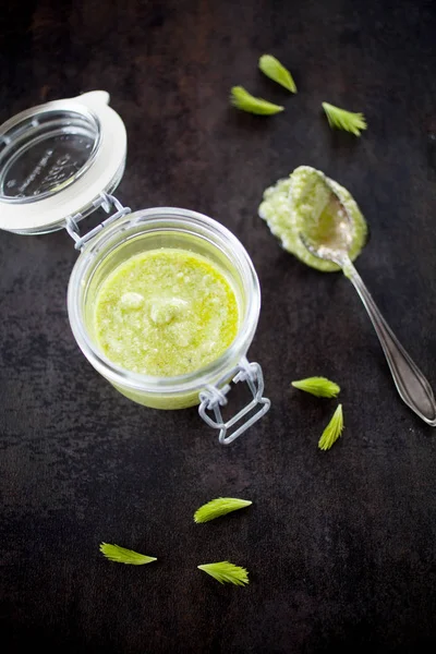 Zelfgemaakte Pesto Met Spar Spruiten Parmezaan Pijnboompitten Citroen — Stockfoto