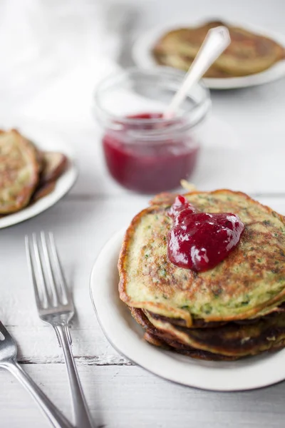 Homemade Spinach Pancakes Lingonberry Jam — Stock Photo, Image