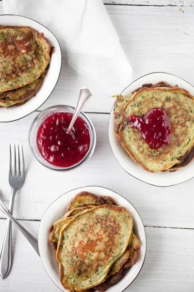 Homemade Spinach Pancakes Lingonberry Jam — Stock Photo, Image