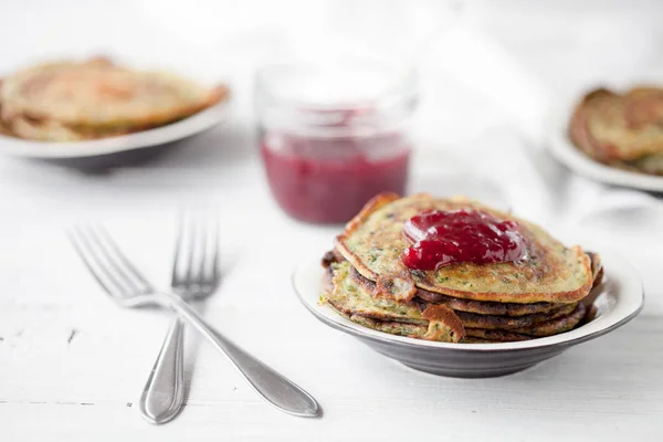 Homemade Spinach Pancakes Lingonberry Jam — Stock Photo, Image