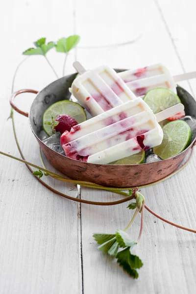 Popsicles Made Strawberries Lime Metallic Bowl Wooden Table — Stock Photo, Image