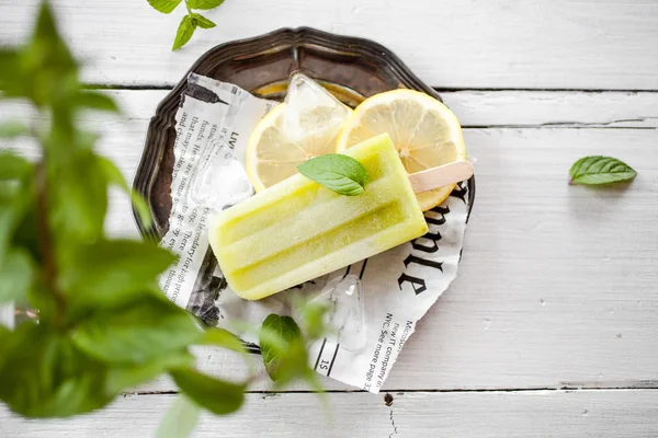 Popsicle Made Healthy Ingredients Served Plate Lemon Slices — Stock Photo, Image