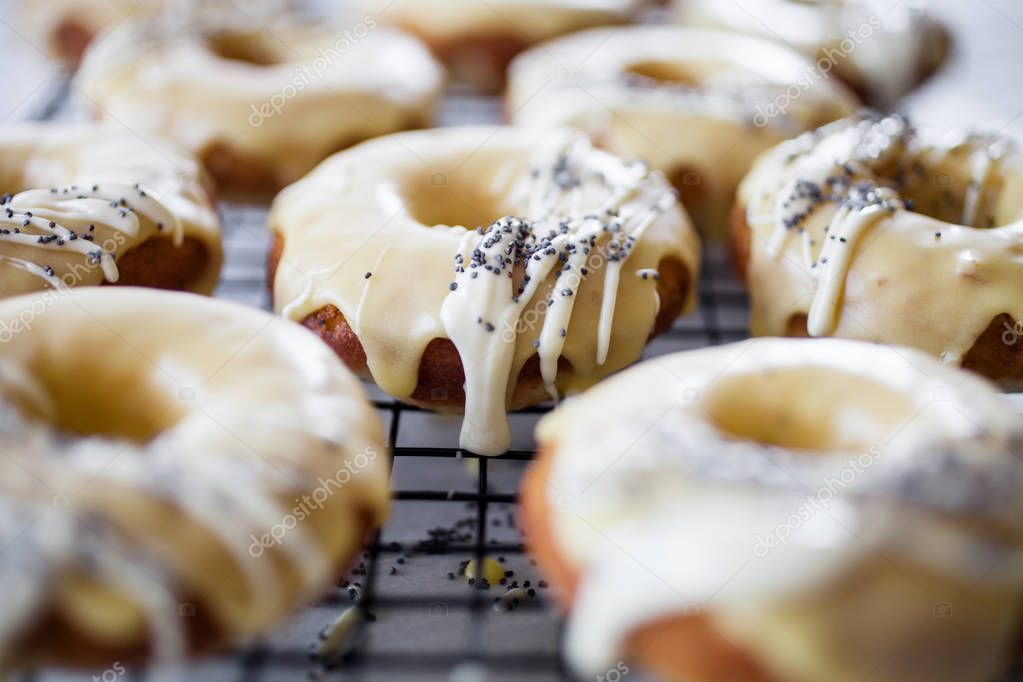 Lemon donuts decorated with white chocolate and poppy seeds on lattice