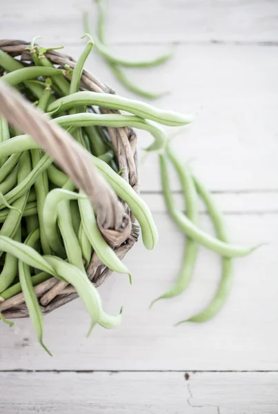 Top View Basket Full Green Beans White Table — Stock Photo, Image