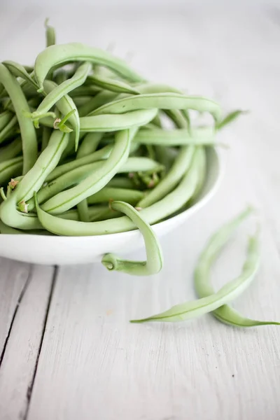 Primer Plano Del Grupo Judías Verdes Plato Blanco — Foto de Stock