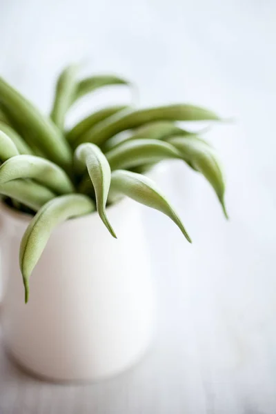 Close View Green Beans White Cup Wooden Table — Stock Photo, Image