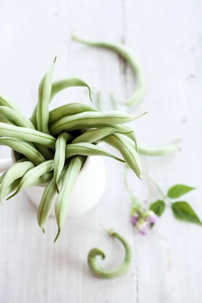 Top View Green Beans White Cup Wooden Table — Stock Photo, Image