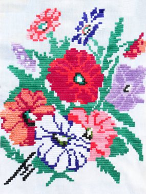 Ukrayna nakış, beyaz bir arka plan üzerinde narin çiçek işlemeli                               