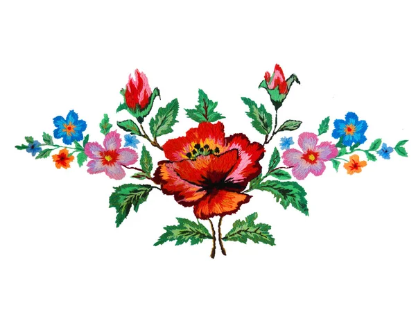 Українська Вишивка Вишиті Ніжні Квіти Білому Фоні — стокове фото