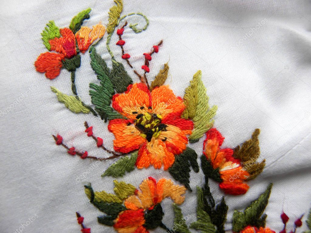 embroidered delicate flowers on a white background, Ukrainian embroidery                               