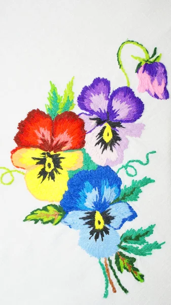 Embroidered Pansy Flowers Isolated White Background Ukrainian Folk Embroidery — Stock Photo, Image